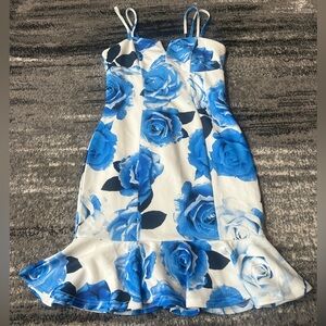 VENUS Blue Rose Double Strap Midi Dress With Ruffle Bottom